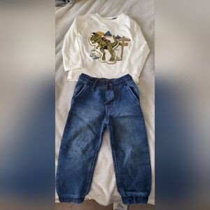 Kids Dinosaur Top With Blue Denim Bottoms Set
